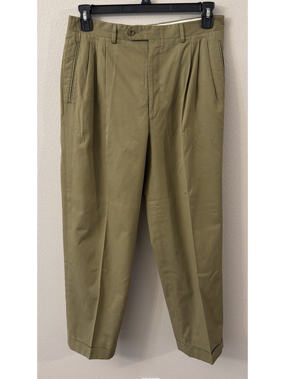 Canali Pleated Cotton Trousers Olive Made In Italy 32